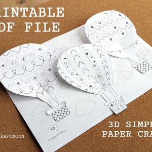 3D heteluchtballonnen eenvoudig papierwerk voor kinderen, voorschoolse activiteit, kleurplaten voor kinderen, thuisschool, afdrukbare ambacht, digitale download