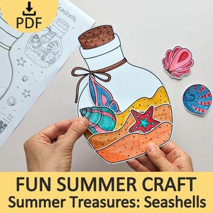 Könnte beinhalten: Ein farbenfrohes Sommerbastelprojekt mit einer Papierflasche, gefüllt mit Muscheln und einem Seestern. Die Flasche wird von Händen gehalten, mit zusätzlichen Muschelauschnitten. Der Text "FUN SUMMER CRAFT Summer Treasures: Seashells" ist enthalten.