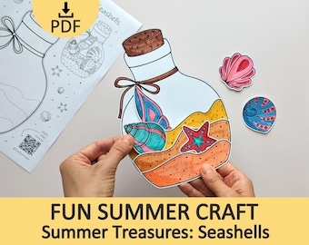 Seashell Bottle Craft Template, Paper Summer Ocean Activity for Kids (Printable PDF)