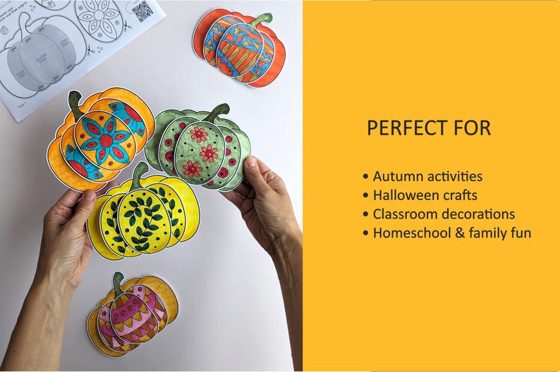Op de afbeelding: Een verzameling papieren pompoenuitsparingen met diverse kleurrijke patronen, waaronder bloemmotieven, geometrische vormen en bladeren. De tekst aan de rechterkant luidt: PERFECT FOR Autumn activities, Halloween crafts, Classroom decorations, Homeschool & family fun.