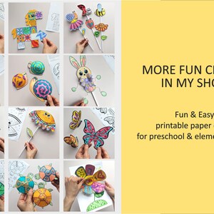 Op de afbeelding: Een verzameling kleurrijke, printbare papieren knutselwerkjes met diverse dieren, insecten en bloemen, waaronder een schildpad, vlinder, slak en konijn. De afbeelding bevat de tekst: MORE FUN CRAFTS IN MY SHOP. Fun & Easy printable paper crafts for preschool & elementary kids.