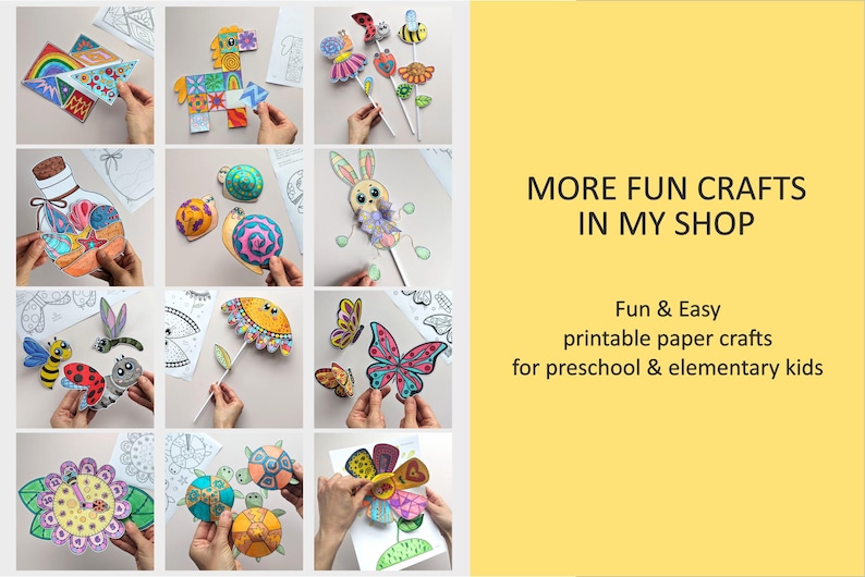 Op de afbeelding: Een verzameling kleurrijke, printbare papieren knutselwerkjes met diverse dieren, insecten en bloemen, waaronder een schildpad, vlinder, slak en konijn. De afbeelding bevat de tekst: MORE FUN CRAFTS IN MY SHOP. Fun & Easy printable paper crafts for preschool & elementary kids.