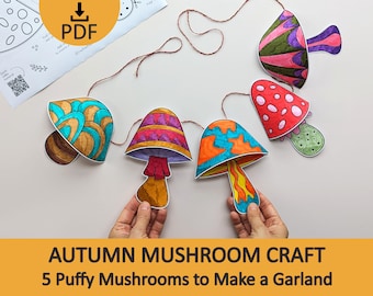 3D Autumn Mushroom Craft for Kids, Fall Paper Preschool Activity, DIY Garland (Printable PDF)