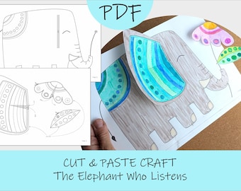 Elefant-Papiermodell für Kinder: Einfache Aktivität zum Ausschneiden, Färben und Einfügen (druckbare Vorlage PDF)