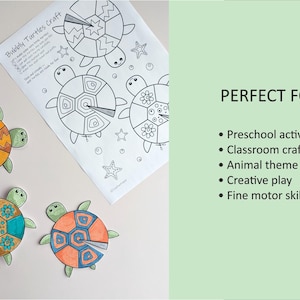 Op de afbeelding: Een knutselproject met kleurrijke schildpadontwerpen, met de tekst "Bubbly Turtles Craft". De afbeelding toont drie voltooide schildpadden en een vel met schildpadomtrekken. Ideaal voor voorschoolse activiteiten en knutselen in de klas.