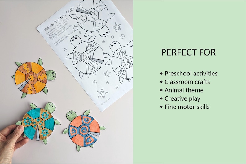 Op de afbeelding: Een knutselproject met kleurrijke schildpadontwerpen, met de tekst "Bubbly Turtles Craft". De afbeelding toont drie voltooide schildpadden en een vel met schildpadomtrekken. Ideaal voor voorschoolse activiteiten en knutselen in de klas.