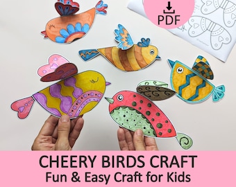 May include: Five paper bird cutouts featuring colorful hand-drawn patterns in shades of orange, yellow, pink, red, and green. Each bird has distinct wing designs and decorative markings. A white paper sheet with a PDF download icon is visible.