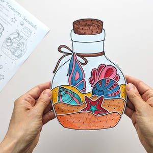 May include: A colorful paper cutout of a bottle filled with seashells. The bottle has a cork stopper and a brown ribbon tied around the neck. Inside the bottle are various seashells in shades of blue, pink, and yellow. The words "Summer Treasures: Seashells" are on a paper in the background.