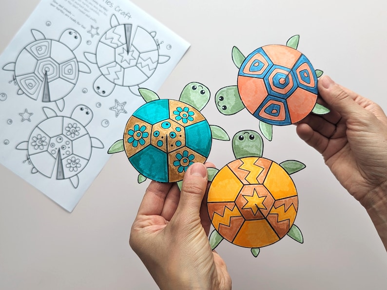 Op de afbeelding: Kleurrijk papieren schildpaddenknutselwerk met oranje, blauwe en gele schilden, vastgehouden door handen. De schildpadden hebben groene vinnen en koppen. Op de achtergrond een blad met schildpadcontouren, getiteld "Turtles Craft".