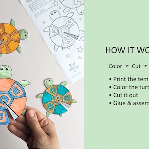 Op de afbeelding: Een knutselproject met papieren schildpadden. De afbeelding toont drie voltooide schildpadden in oranje, geel en blauwgroen, samen met een zwart-wit sjabloon. Instructies omvatten kleuren, knippen en lijmen.