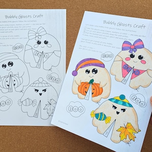 May include: Two sheets of paper with a Halloween craft titled "Bubbly Ghosts Craft." One sheet is colored, featuring cartoon ghosts with accessories like a bow, hat, and candy. The other sheet is a black and white version.