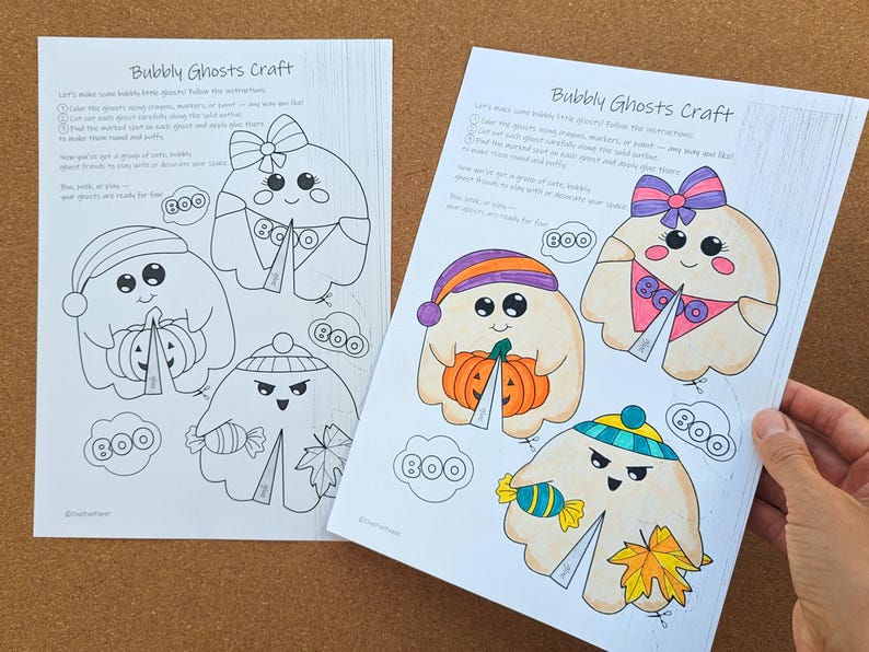 May include: Two sheets of paper with a Halloween craft titled "Bubbly Ghosts Craft." One sheet is colored, featuring cartoon ghosts with accessories like a bow, hat, and candy. The other sheet is a black and white version.