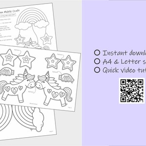 May include: Black and white printable craft sheets for a Rainbow Unicorn Dream Mobile. The sheets include instructions, a rainbow, stars, clouds, and unicorn designs. Text on the right side says "Instant download PDF, A4 & Letter sizes, Quick video tutorial."