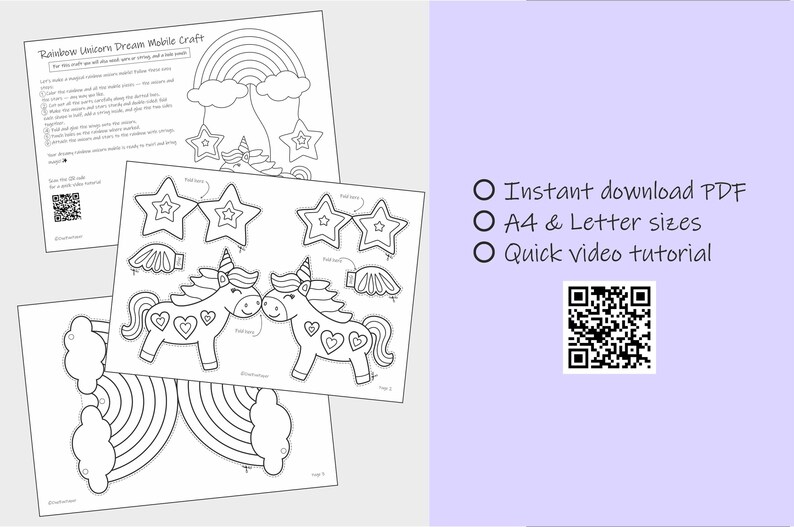 May include: Black and white printable craft sheets for a Rainbow Unicorn Dream Mobile. The sheets include instructions, a rainbow, stars, clouds, and unicorn designs. Text on the right side says "Instant download PDF, A4 & Letter sizes, Quick video tutorial."