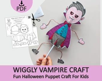 May include: A paper vampire puppet craft featuring a colorful character with a purple cape, red bowtie, and gray trousers, attached to a white stick. The set includes a printed instruction sheet with the text Wigly Vampire Puppet Craft.