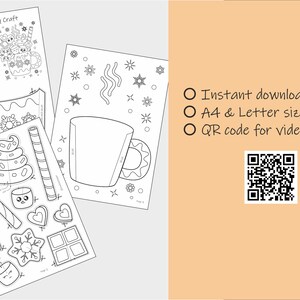 Peut inclure: Feuilles de bricolage imprimables en noir et blanc pour un projet de tasse de cacao. Les feuilles comprennent des instructions, un code QR et des formes d&eacute;coup&eacute;es de guimauves, de cannes en bonbon et d'une tasse. Le texte indique "Cocoa Mug of Joy Craft".