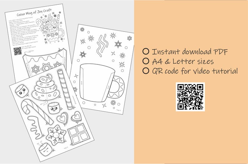 Peut inclure: Feuilles de bricolage imprimables en noir et blanc pour un projet de tasse de cacao. Les feuilles comprennent des instructions, un code QR et des formes d&eacute;coup&eacute;es de guimauves, de cannes en bonbon et d'une tasse. Le texte indique "Cocoa Mug of Joy Craft".
