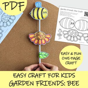 Puede incluir: Una manualidad infantil con un diseño de abeja y flor. La manualidad incluye una abeja amarilla y negra, una flor naranja y amarilla y una hoja verde. También se ve el texto "Easy & Fun One-Page Craft".