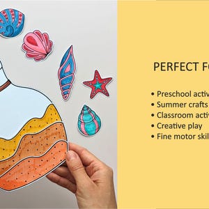 May include: A paper cutout of a bottle with a cork and a brown ribbon, held by hands. Several colorful seashell cutouts are scattered around the bottle. The image includes text that says "PERFECT FOR" and lists activities.