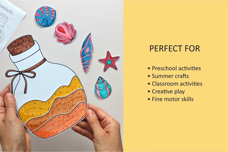 May include: A paper cutout of a bottle with a cork and a brown ribbon, held by hands. Several colorful seashell cutouts are scattered around the bottle. The image includes text that says "PERFECT FOR" and lists activities.