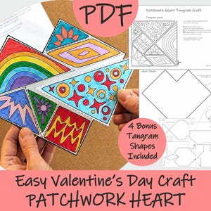 Pode incluir: Um artesanato de tangram de coração de patchwork colorido com desenhos de arco-íris, estrelas e geométricos. Inclui instruções em PDF e formas de bónus. O texto diz "Easy Valentine's Day Craft PATCHWORK HEART".