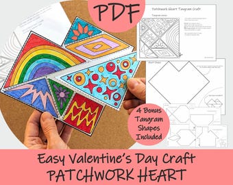 Patchwork Heart Craft for Kids: Valentine’s Day Printable, Tangram Style Paper Activity (PDF Template)
