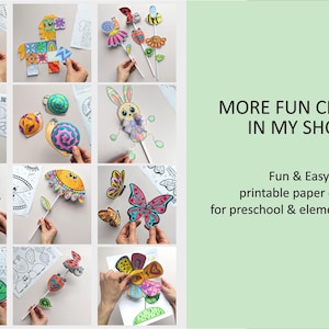 Op de afbeelding: Een verzameling kleurrijke, printbare papieren knutselwerkjes voor kinderen, waaronder vlinders, bijen, bloemen en dieren. De afbeelding bevat de tekst "MORE FUN CRAFTS IN MY SHOP" en "Fun & Easy printable paper crafts for preschool & elementary kids."