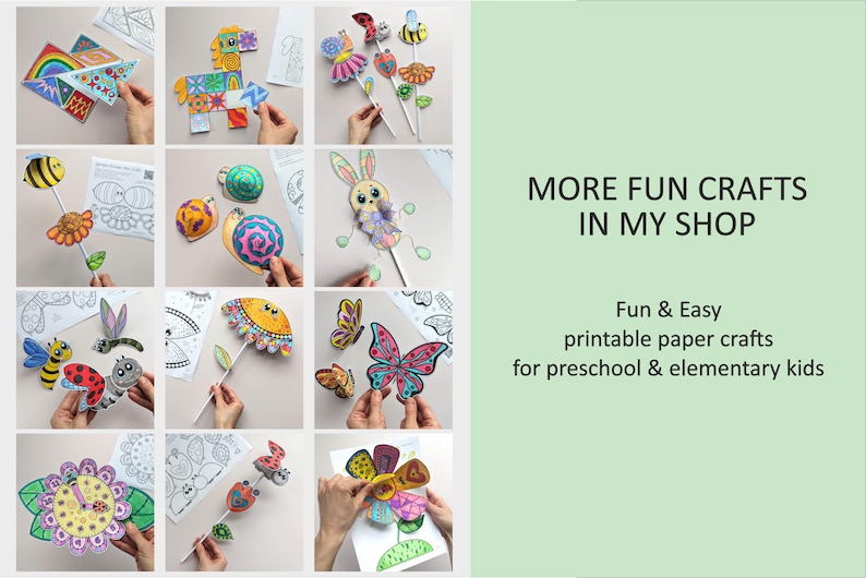 Op de afbeelding: Een verzameling kleurrijke, printbare papieren knutselwerkjes voor kinderen, waaronder vlinders, bijen, bloemen en dieren. De afbeelding bevat de tekst "MORE FUN CRAFTS IN MY SHOP" en "Fun & Easy printable paper crafts for preschool & elementary kids."