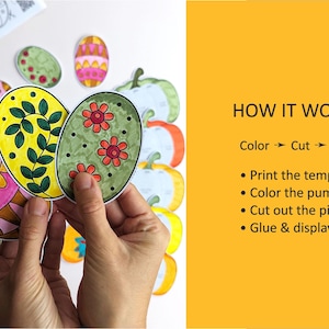 Op de afbeelding: Een set papieren knutseltemplates met kleurrijke eivormige ontwerpen met bloem- en geometrische patronen. De tekst HOW IT WORKS, Color, Cut, Glue, Print the templates, Color the pumpkins, Cut out the pieces en Glue & display is zichtbaar.
