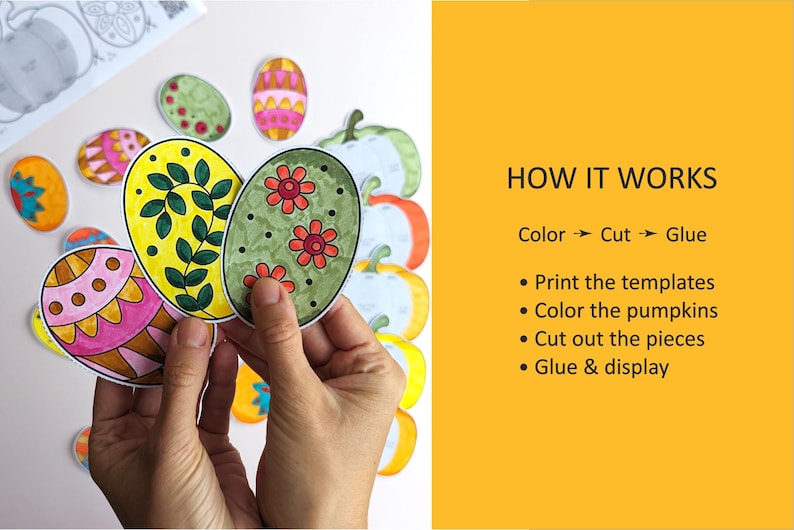 Op de afbeelding: Een set papieren knutseltemplates met kleurrijke eivormige ontwerpen met bloem- en geometrische patronen. De tekst HOW IT WORKS, Color, Cut, Glue, Print the templates, Color the pumpkins, Cut out the pieces en Glue & display is zichtbaar.
