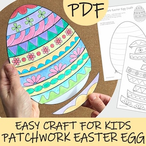 Op de afbeelding: Een kleurrijk patchwork paasei-knutselwerk met verschillende patronen en kleuren, waaronder roze, blauw, groen en geel. De afbeelding bevat een PDF-download met instructies en sjablonen. De tekst op de afbeelding luidt "Easy Craft for Kids Patchwork Easter Egg."