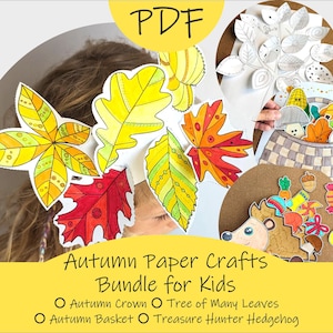 May include: A selection of colourful autumn-themed paper crafts for children, including leaf crowns, trees, baskets, and a hedgehog. The image features the text "Autumn Paper Crafts Bundle for Kids" and a PDF icon.