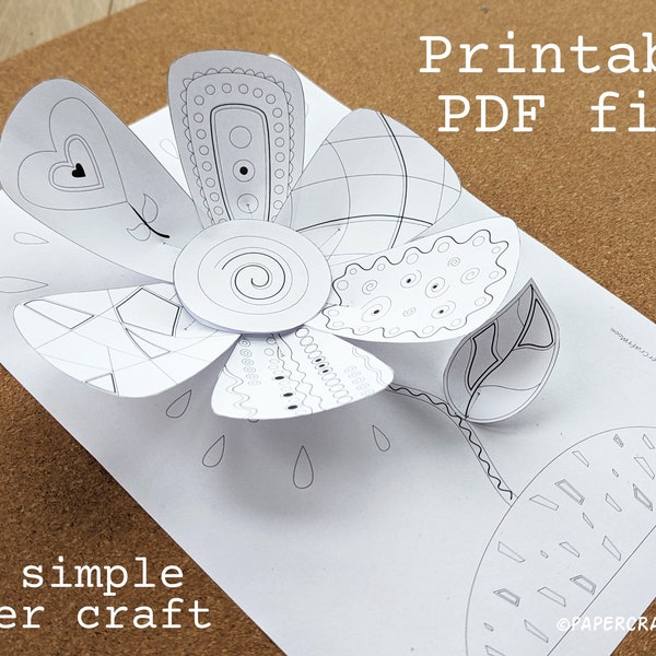 Artisanat en papier simple fleur 3D pour enfants, activité préscolaire de printemps, pages à colorier pour enfants, école à domicile, travaux manuels imprimables de printemps, téléchargement numérique