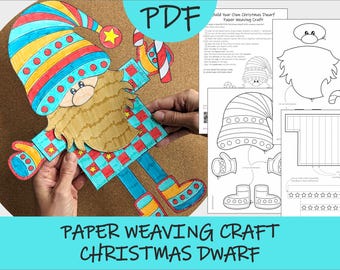 May include: A colorful paper weaving craft of a Christmas dwarf, held by hands, with a matching PDF guide. The dwarf has a striped hat, beard, and checkered clothing. The text "PAPER WEAVING CRAFT CHRISTMAS DWARF" is at the bottom.
