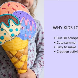 Op de afbeelding: Een handgemaakte papieren ijshoorntje met drie bollen in oranje, bruin en paars. De kegel is geel. De afbeelding bevat de tekst "WHY KIDS LOVE IT" en opsommingstekens over het knutselwerk.