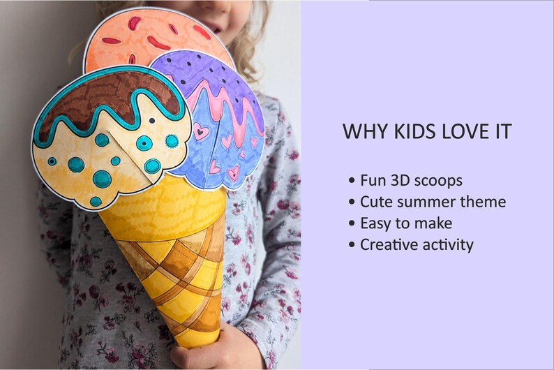Op de afbeelding: Een handgemaakte papieren ijshoorntje met drie bollen in oranje, bruin en paars. De kegel is geel. De afbeelding bevat de tekst "WHY KIDS LOVE IT" en opsommingstekens over het knutselwerk.