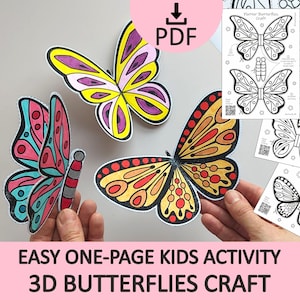 以下が含まれることがあります： 子供向けのカラフルな3D蝶クラフト。画像には、赤、黄、青の羽を持つ3つの紙の蝶が写っています。下部のテキストには「Easy One-Page Kids Activity 3D Butterflies Craft」と書かれています。