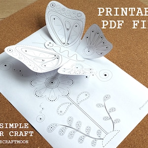 3D Schmetterling auf einer Blume, einfaches Papiermodell für Kinder, Frühling Haus Vorschul Aktivität, Kinder Malseiten, bedruckbares Modell, digitaler Download