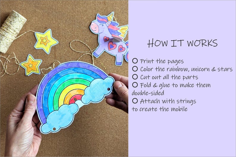 May include: A craft kit with a rainbow, unicorn, and stars. The rainbow has blue, green, yellow, and red arches with blue clouds. The text "HOW IT WORKS" is visible, along with instructions for creating a mobile.