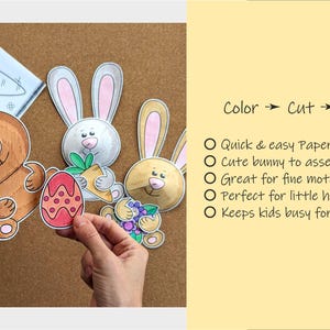 May include: A craft project featuring three cartoon bunny cutouts with pink ears, holding a carrot, grapes, and a decorated Easter egg. The text "Color -> Cut -> Glue" is visible, along with bullet points describing the craft.