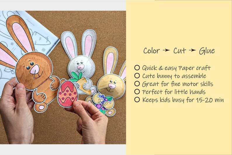 May include: A craft project featuring three cartoon bunny cutouts with pink ears, holding a carrot, grapes, and a decorated Easter egg. The text "Color -> Cut -> Glue" is visible, along with bullet points describing the craft.