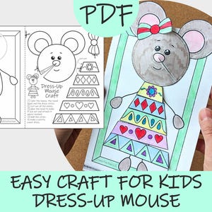 Könnte beinhalten: Ein farbenfrohes Papierbastelprojekt mit einer Maus mit Schleife und gemustertem Kleid. Das Bild enthält eine PDF-Vorlage mit Anweisungen für ein Anzieh-Maus-Bastelprojekt, ideal für Kinder. Der Text auf dem Bild lautet "Easy Craft for Kids Dress-Up Mouse."