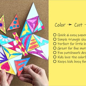 May include: A colorful paper craft butterfly made of triangle shapes. The image shows the steps: Color, Cut, and Glue. The text on the right says it is a quick and easy paper craft, perfect for little hands.