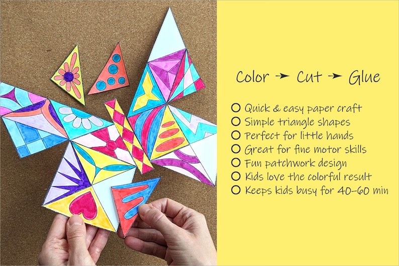 May include: A colorful paper craft butterfly made of triangle shapes. The image shows the steps: Color, Cut, and Glue. The text on the right says it is a quick and easy paper craft, perfect for little hands.