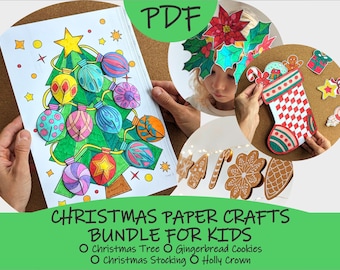 May include: A collection of Christmas paper crafts for kids, including a Christmas tree, gingerbread cookies, a Christmas stocking, and a holly crown. The image shows a child holding a paper Christmas stocking and a paper Christmas tree with colorful ornaments. The text reads "Christmas Paper Crafts Bundle for Kids."