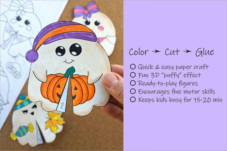 May include: A paper craft featuring a cartoon ghost holding an orange pumpkin. The ghost wears a purple and orange hat. The image includes the text "Color -> Cut -> Glue" and bullet points describing the craft's features.