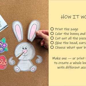 May include: A DIY Easter bunny craft kit with a gray bunny, pink-lined ears, and colorful accessories like a carrot, flower, and decorated egg. The image includes instructions: print, color, cut, glue, and choose accessories.