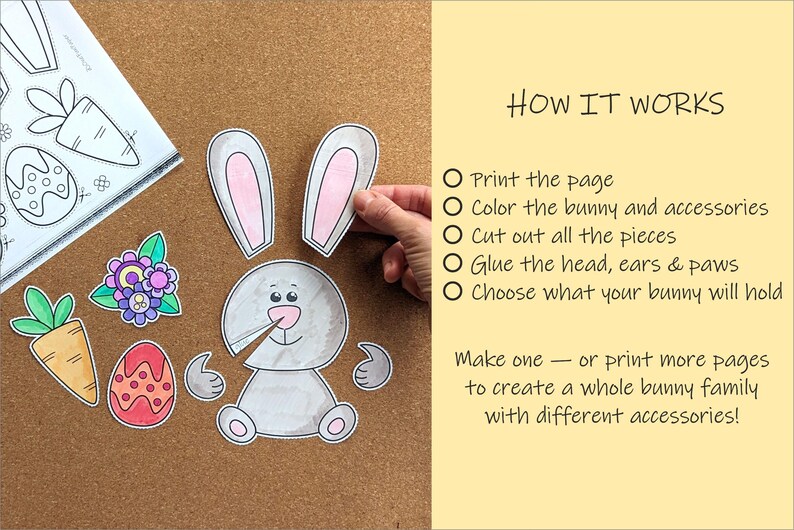 May include: A DIY Easter bunny craft kit with a gray bunny, pink-lined ears, and colorful accessories like a carrot, flower, and decorated egg. The image includes instructions: print, color, cut, glue, and choose accessories.