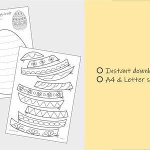 Pode incluir: Artesanato de ovos de P&aacute;scoa imprim&iacute;vel em preto e branco. O design inclui um contorno de ovo com linhas pontilhadas e tiras decorativas para um efeito de patchwork. O texto diz "Patchwork Easter Egg Craft" e "Instant download PDF, A4 & Letter sizes."