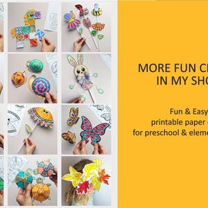 Op de afbeelding: Een verzameling kleurrijke printbare papieren knutselwerkjes met dieren, insecten, bloemen en bladeren, met tekst op een gele achtergrond MORE FUN CRAFTS IN MY SHOP, Fun & Easy printable paper crafts for preschool & elementary kids.